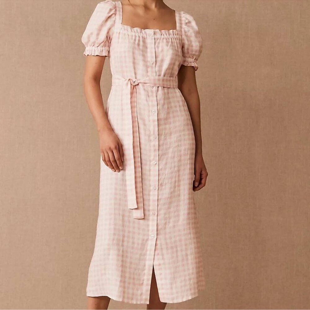Sleeper Pink Gingham Midi Dress with Puff Sleeves
